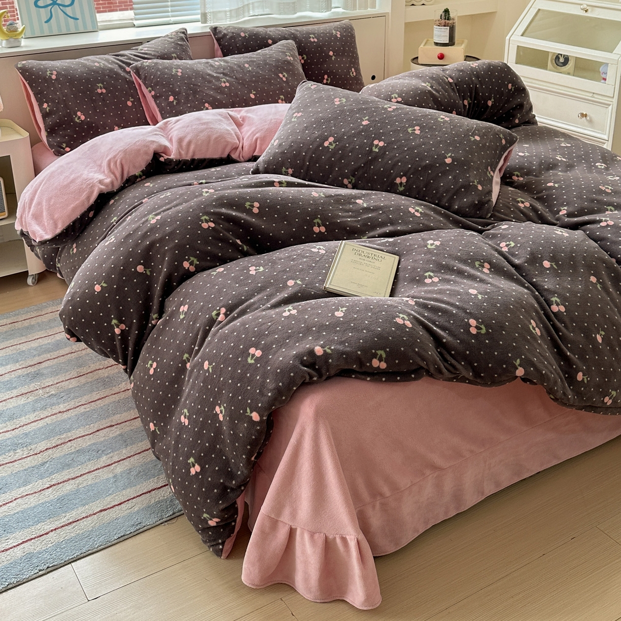 梦莱斯 2025新款加厚保暖双面牛奶绒四件套 黑巧樱桃
