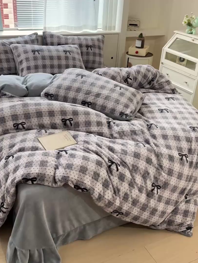 91家纺网 家纺一手货源 找家纺 梦莱斯 2025新款加厚保暖双面牛奶绒四件套 蝴蝶结