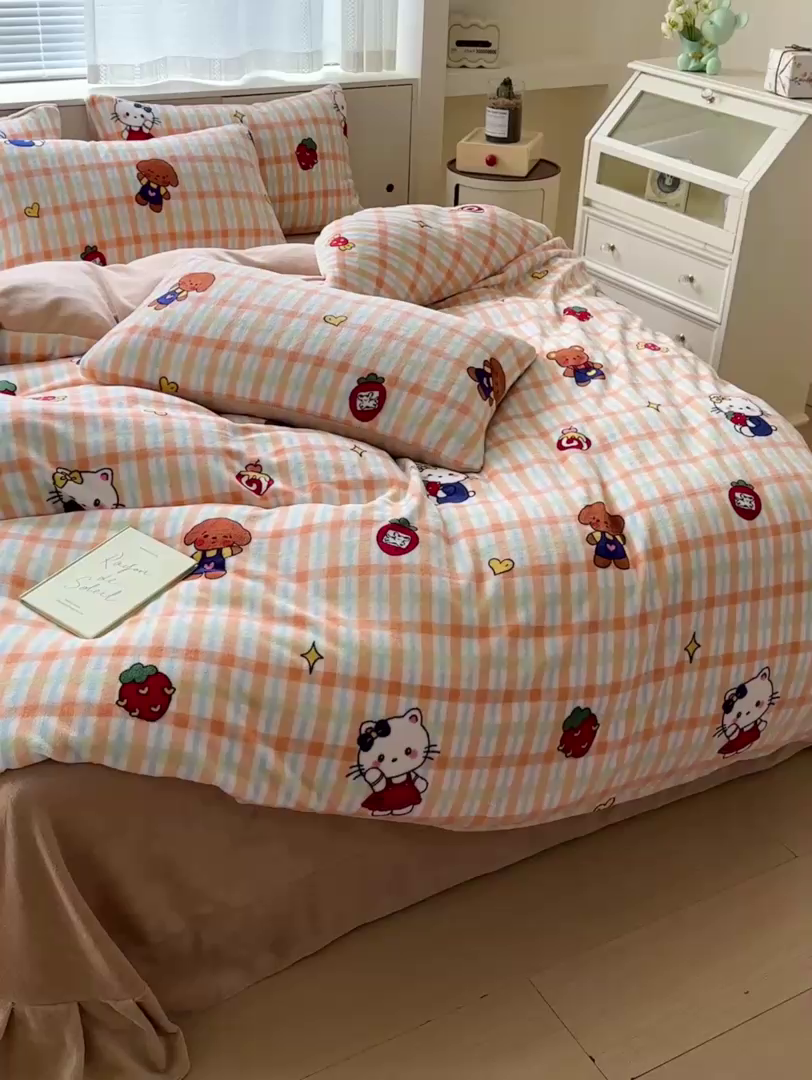 91家纺网 家纺一手货源 找家纺 梦莱斯 2025新款加厚保暖双面牛奶绒四件套 猫咪酱