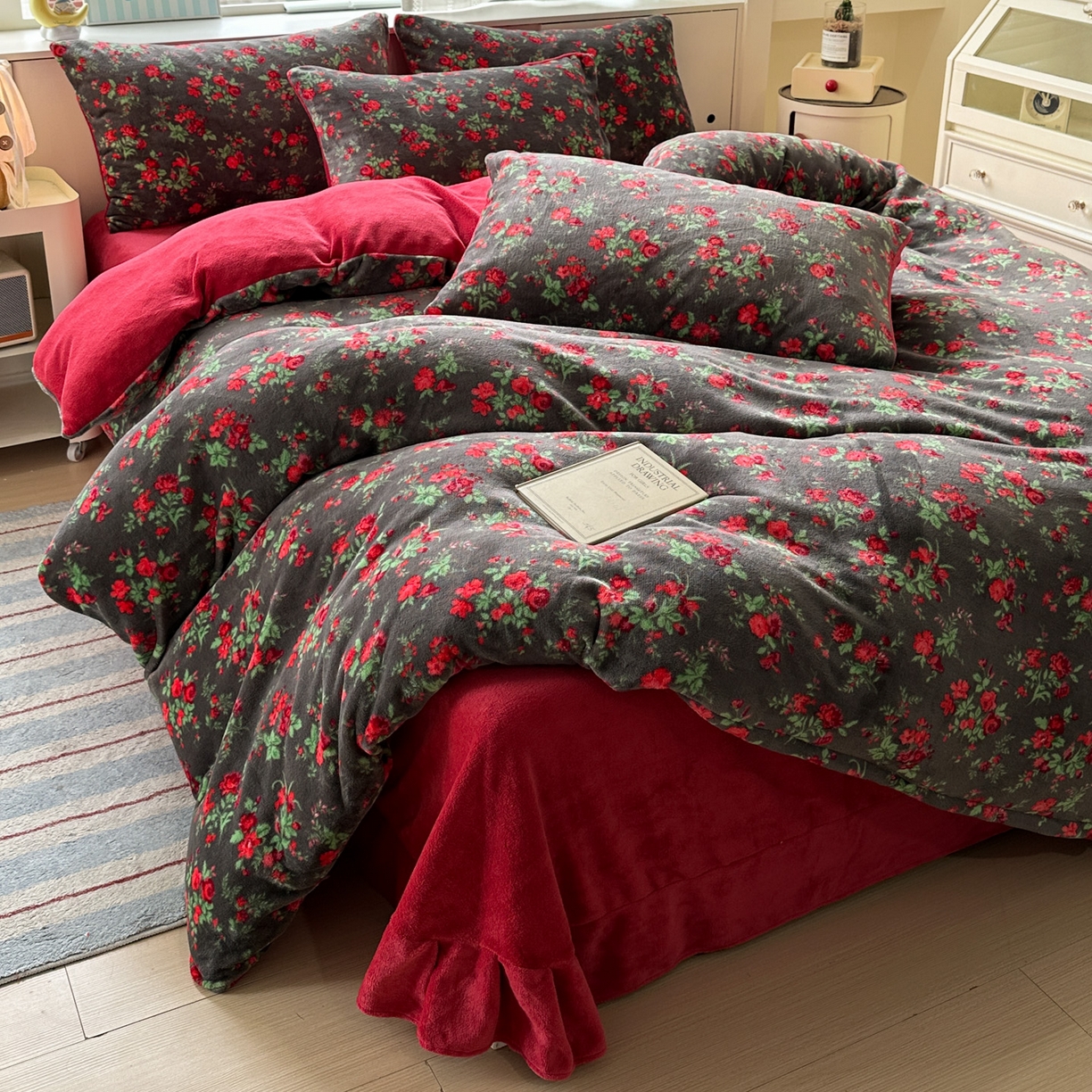 梦莱斯 2025新款加厚保暖双面牛奶绒四件套 玫瑰之约 - 黑