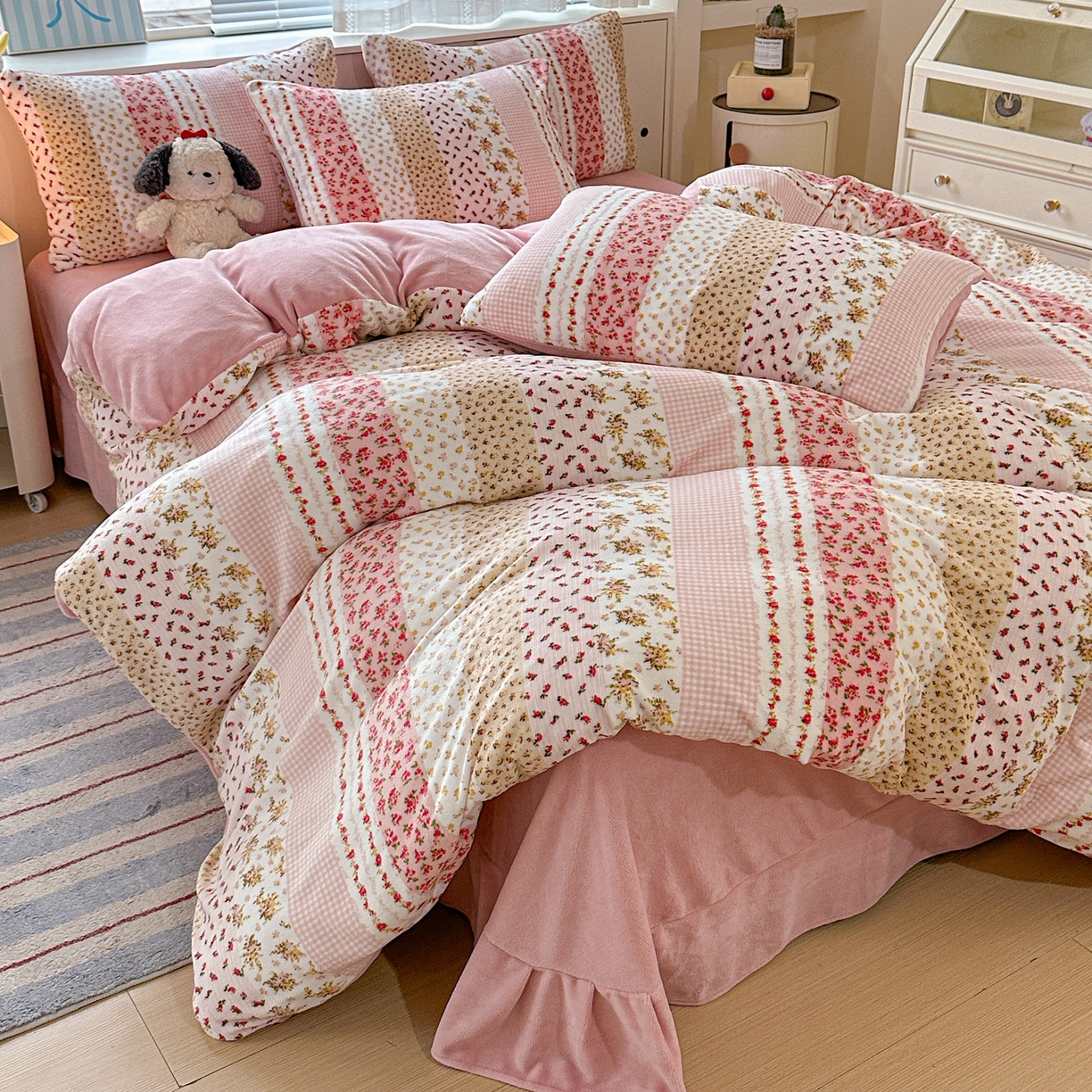 梦莱斯 2025新款加厚保暖双面牛奶绒四件套 桃之夭夭