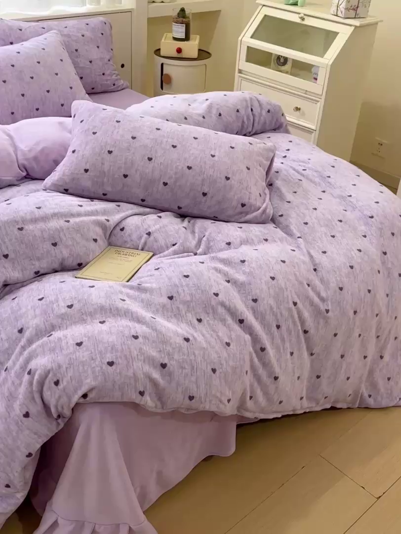 91家纺网 家纺一手货源 找家纺 梦莱斯 2025新款加厚保暖双面牛奶绒四件套 心动-紫