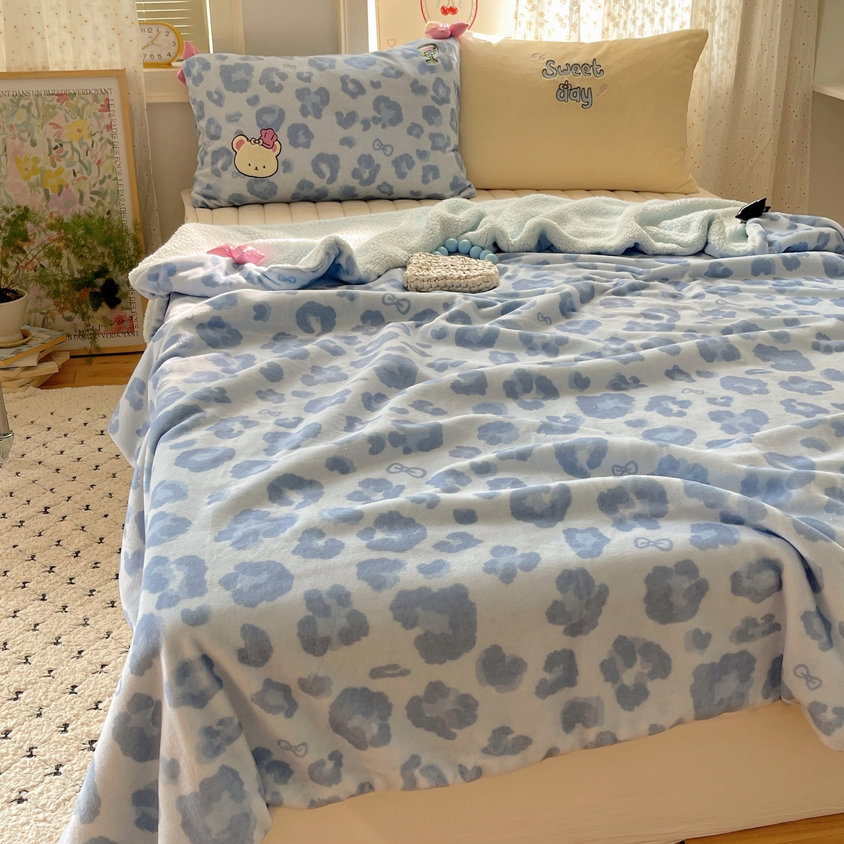 91家纺网 家纺一手货源 找家纺 轻奢坊 2025新款博主风豹纹牛奶绒羊羔绒毛毯 毯子-蓝豹