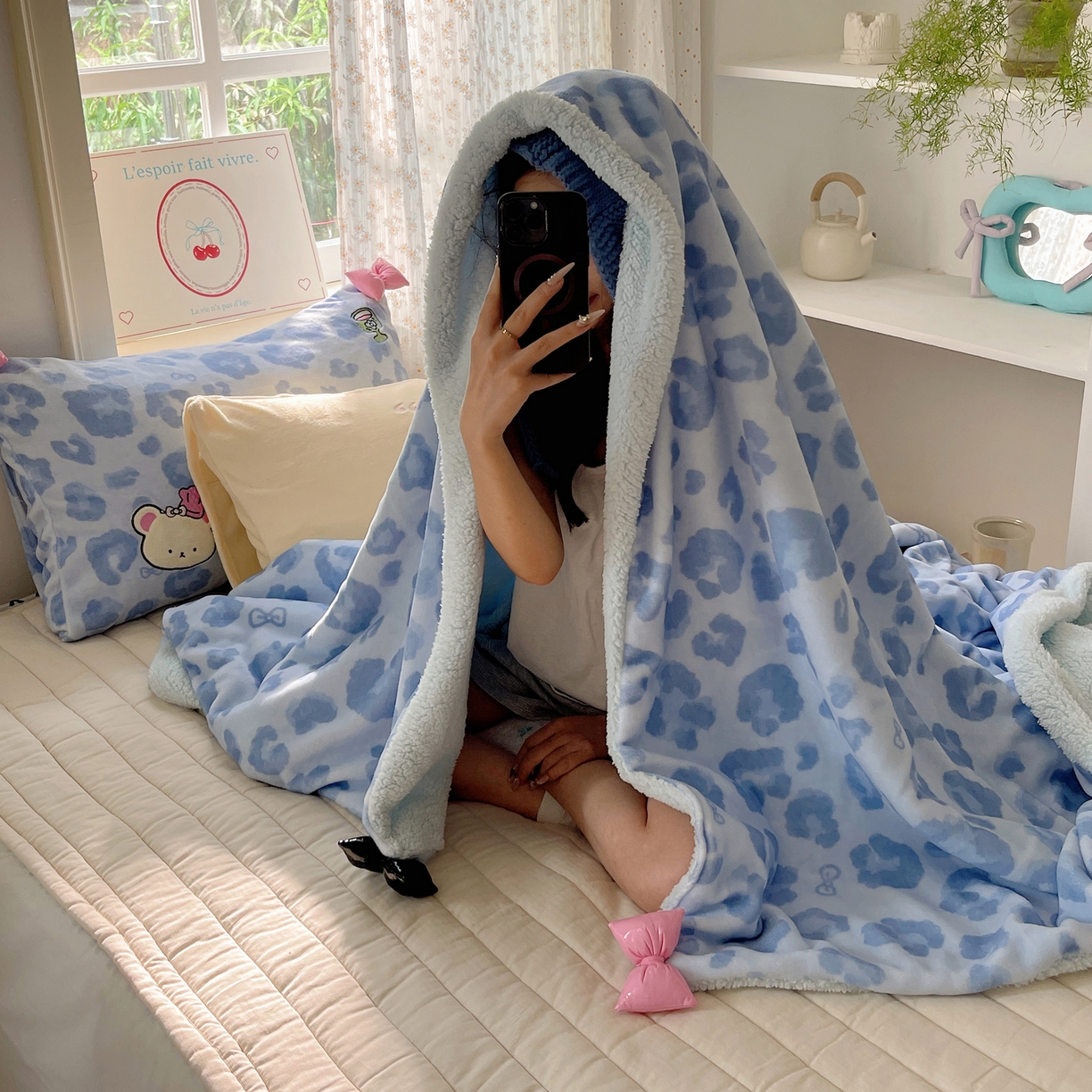 91家纺网 家纺一手货源 找家纺 轻奢坊 2025新款博主风豹纹牛奶绒羊羔绒毛毯 毯子-蓝豹