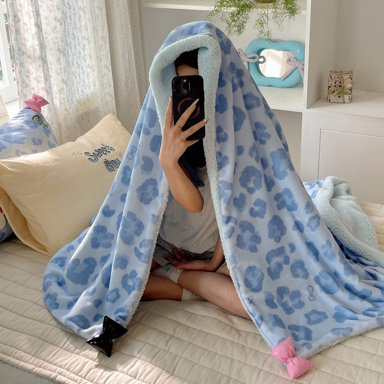 91家纺网 家纺一手货源 找家纺 轻奢坊 2025新款博主风豹纹牛奶绒羊羔绒毛毯 毯子-蓝豹