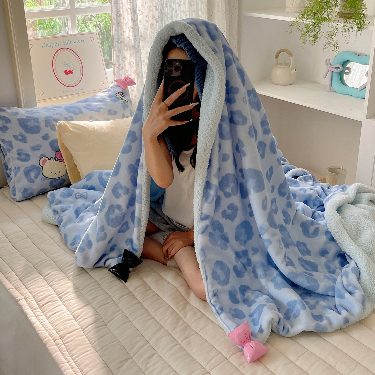 91家纺网 家纺一手货源 找家纺 轻奢坊 2025新款博主风豹纹牛奶绒羊羔绒毛毯 毯子-蓝豹