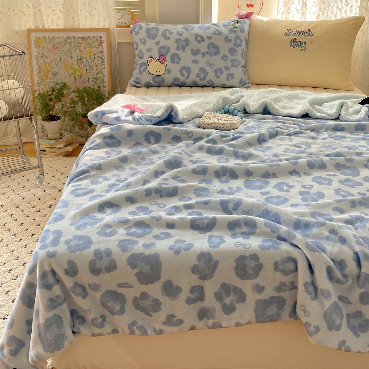 91家纺网 家纺一手货源 找家纺 轻奢坊 2025新款博主风豹纹牛奶绒羊羔绒毛毯 毯子-蓝豹