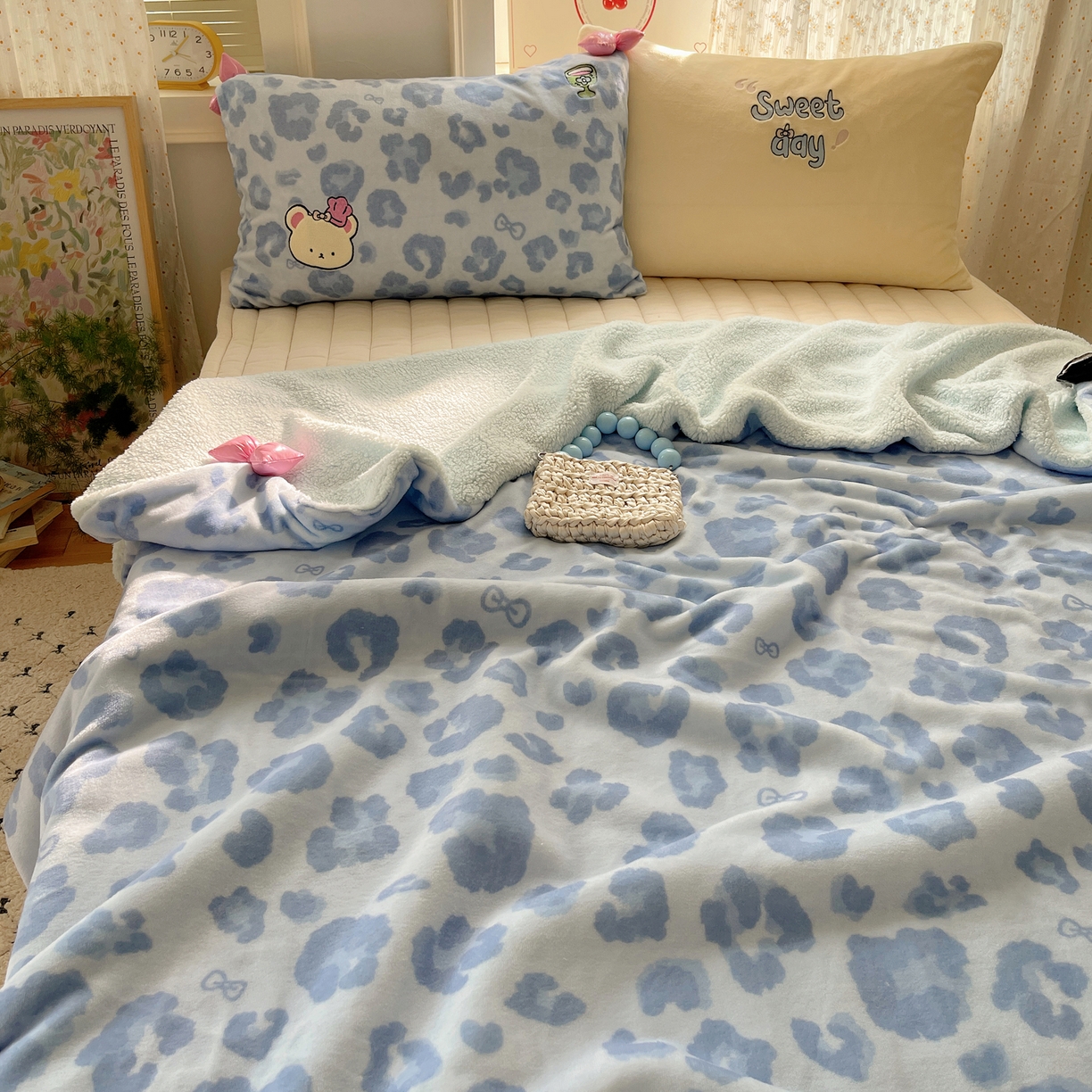 91家纺网 家纺一手货源 找家纺 轻奢坊 2025新款博主风豹纹牛奶绒羊羔绒毛毯 毯子-蓝豹