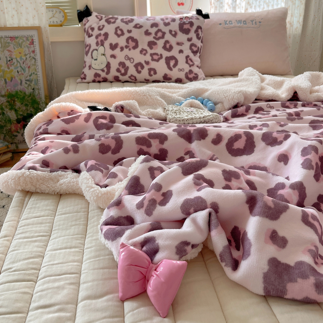91家纺网 家纺一手货源 找家纺 轻奢坊 2025新款博主风豹纹牛奶绒羊羔绒毛毯 毯子-粉豹
