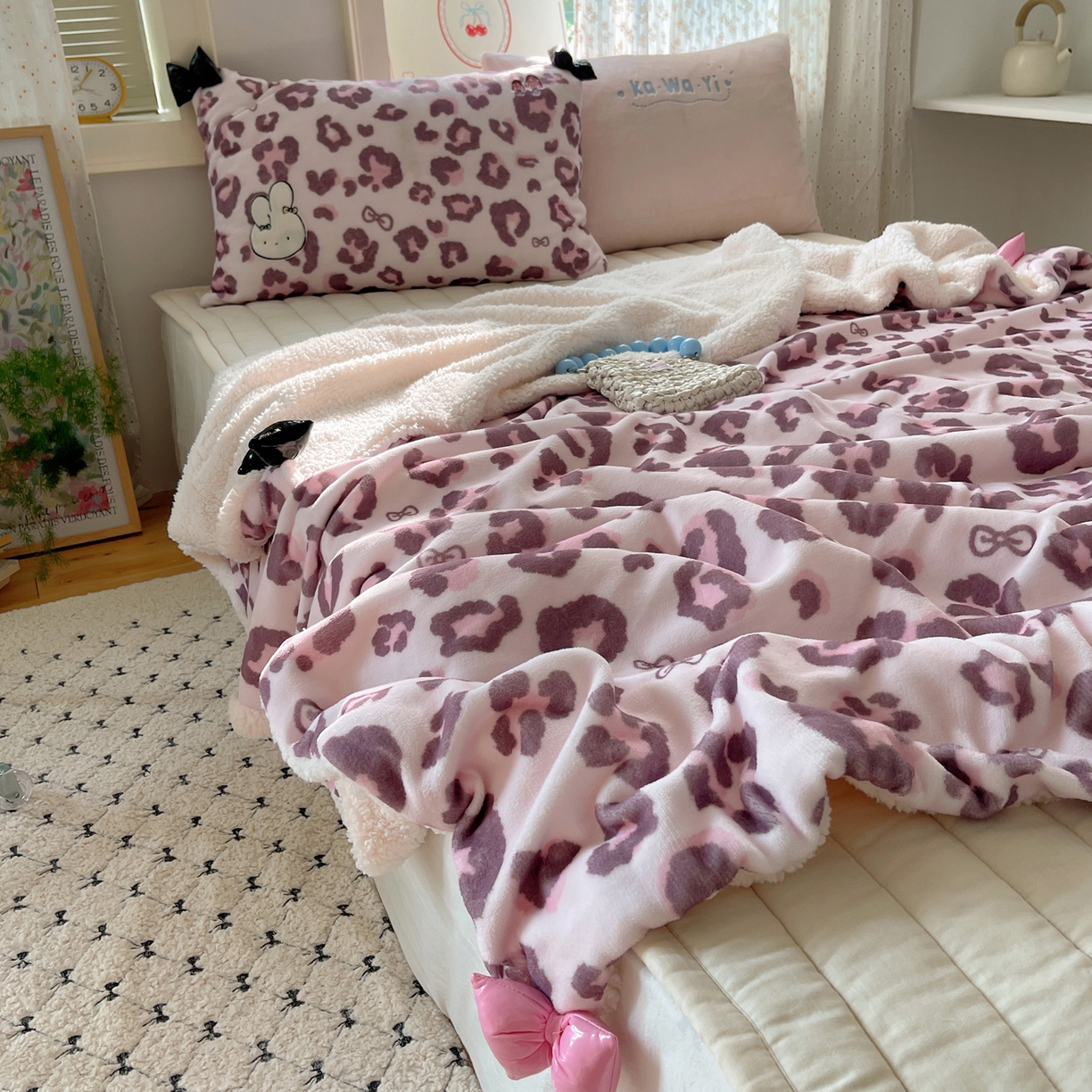 91家纺网 家纺一手货源 找家纺 轻奢坊 2025新款博主风豹纹牛奶绒羊羔绒毛毯 毯子-粉豹