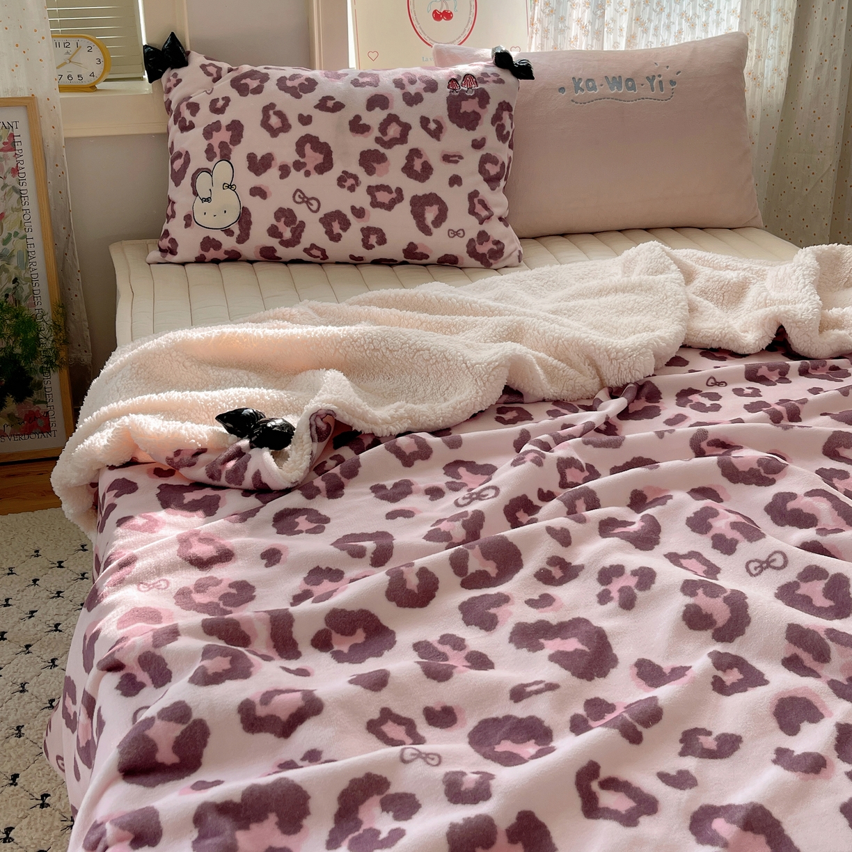 91家纺网 家纺一手货源 找家纺 轻奢坊 2025新款博主风豹纹牛奶绒羊羔绒毛毯 毯子-粉豹