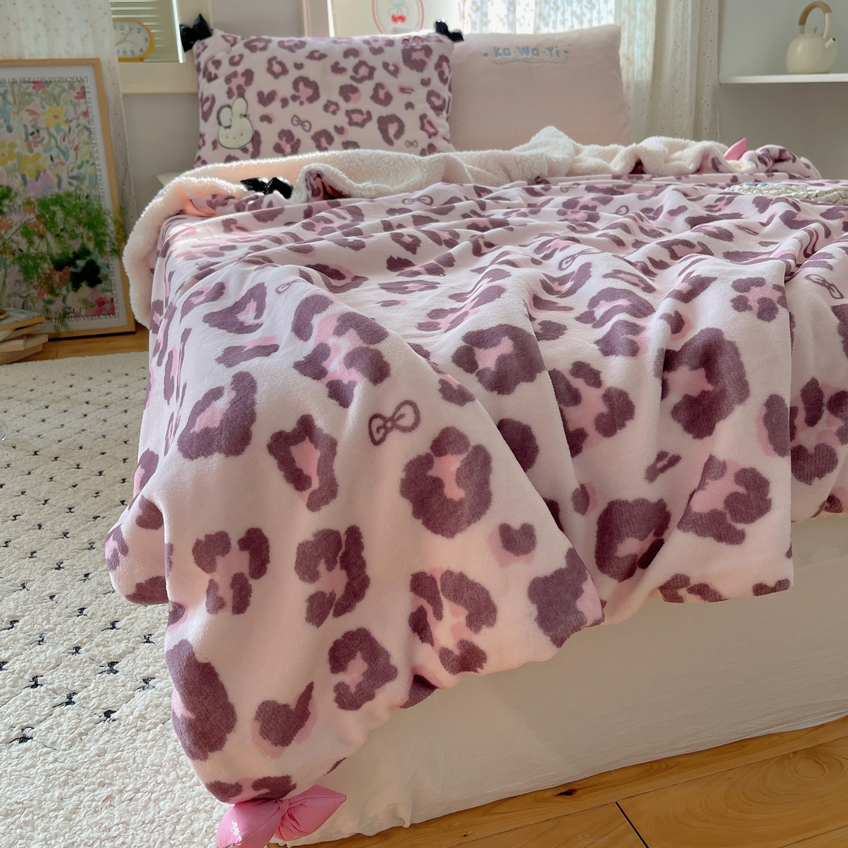 91家纺网 家纺一手货源 找家纺 轻奢坊 2025新款博主风豹纹牛奶绒羊羔绒毛毯 毯子-粉豹