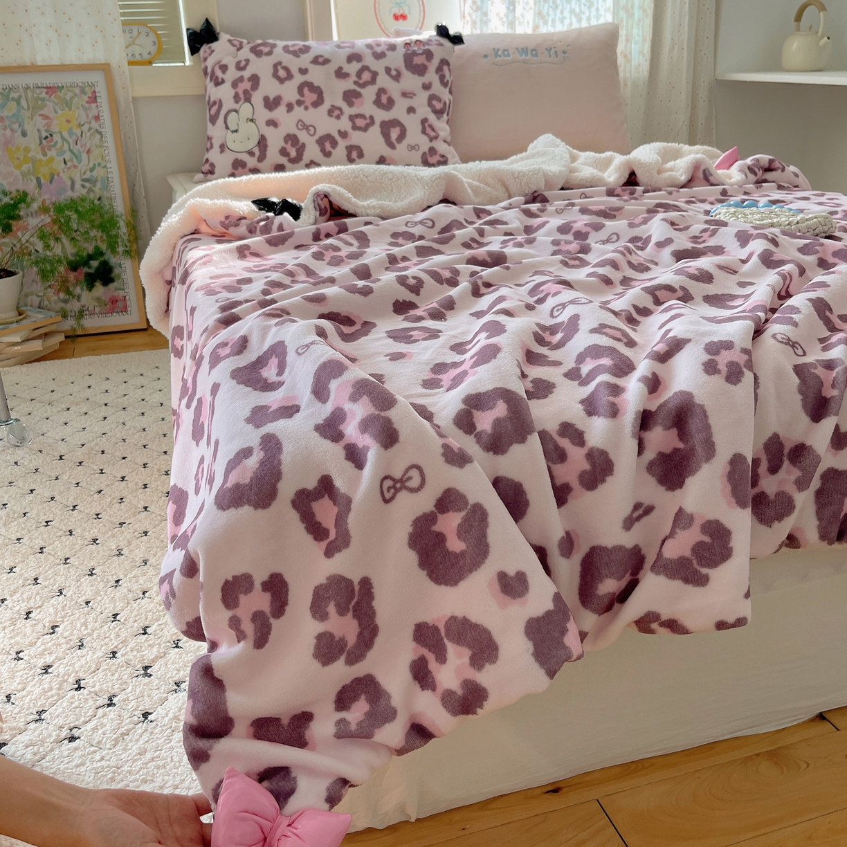91家纺网 家纺一手货源 找家纺 轻奢坊 2025新款博主风豹纹牛奶绒羊羔绒毛毯 毯子-粉豹