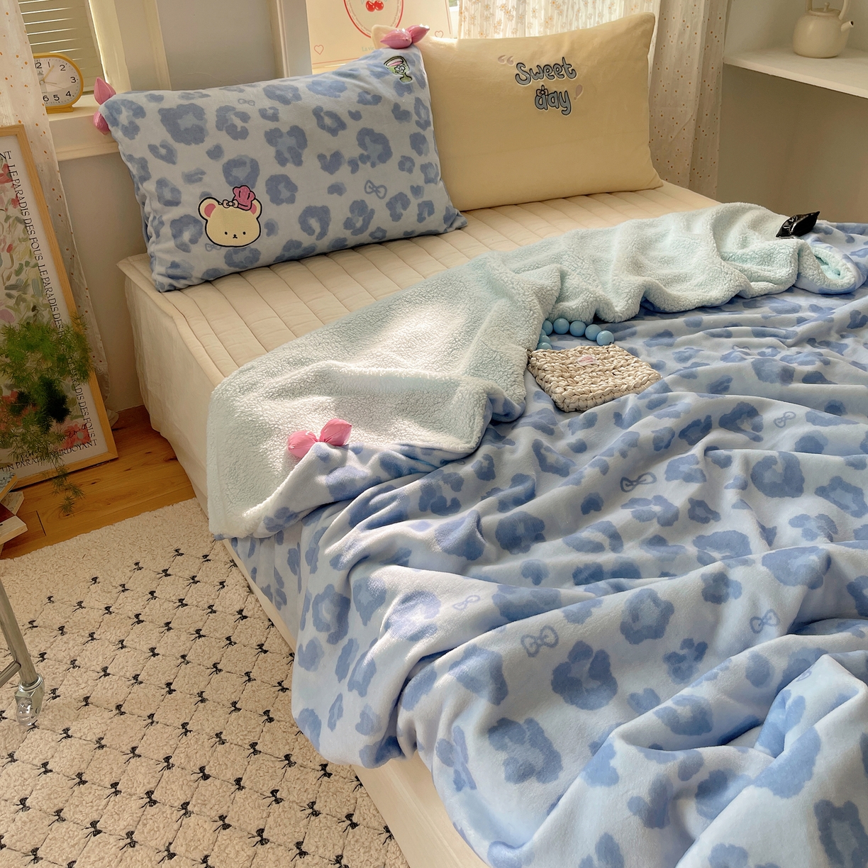 91家纺网 家纺一手货源 找家纺 轻奢坊 2025新款博主风豹纹牛奶绒羊羔绒毛毯 毯子-蓝豹