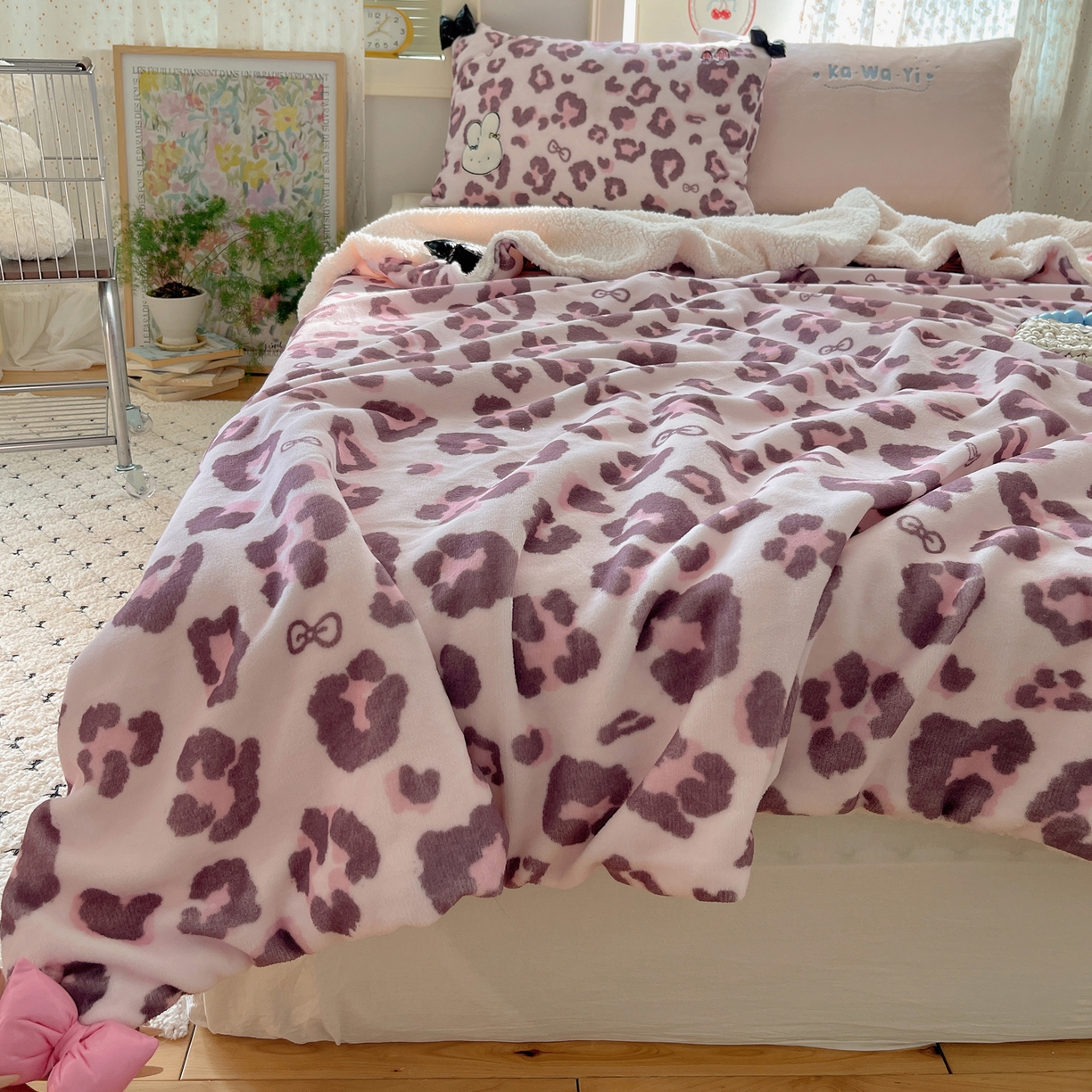 91家纺网 家纺一手货源 找家纺 轻奢坊 2025新款博主风豹纹牛奶绒羊羔绒毛毯 毯子-粉豹
