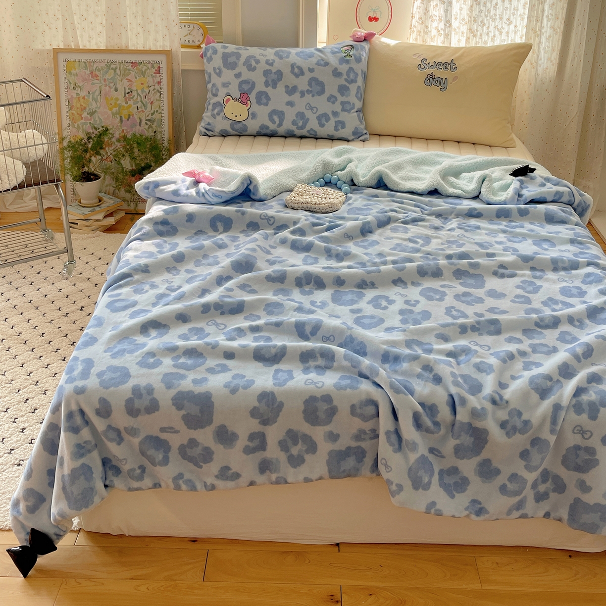 91家纺网 家纺一手货源 找家纺 轻奢坊 2025新款博主风豹纹牛奶绒羊羔绒毛毯 毯子-蓝豹