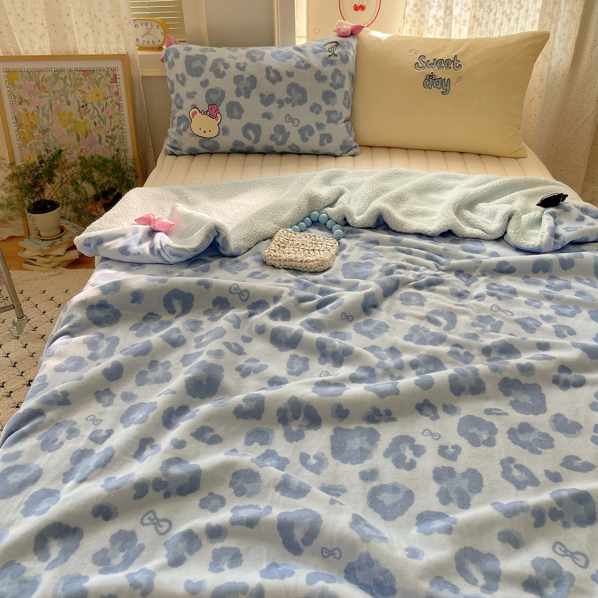 91家纺网 家纺一手货源 找家纺 轻奢坊 2025新款博主风豹纹牛奶绒羊羔绒毛毯 毯子-蓝豹