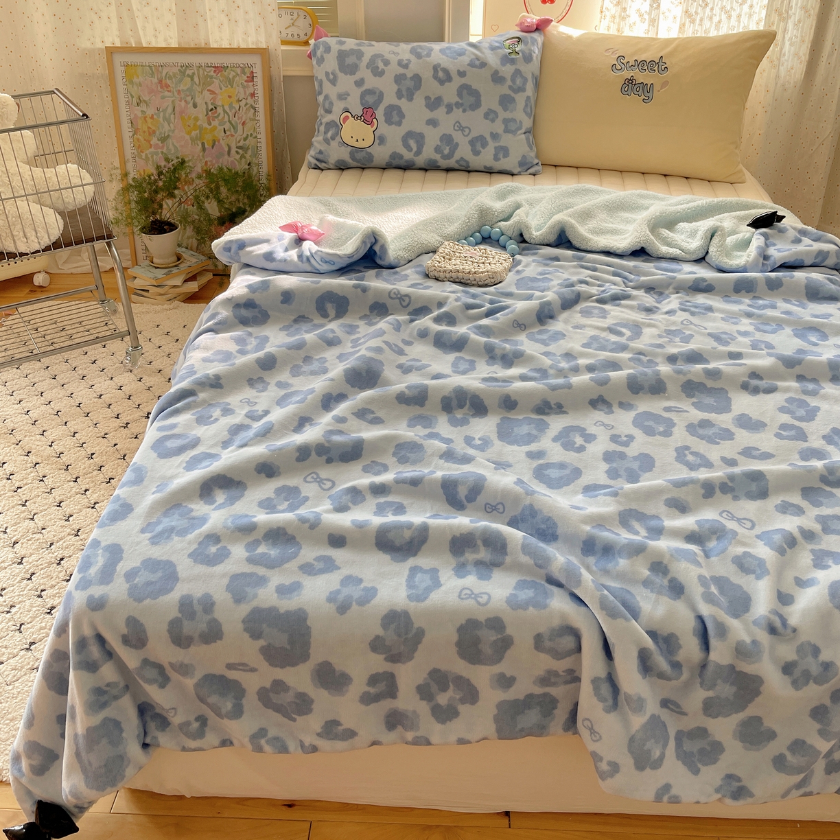 91家纺网 家纺一手货源 找家纺 轻奢坊 2025新款博主风豹纹牛奶绒羊羔绒毛毯 毯子-蓝豹