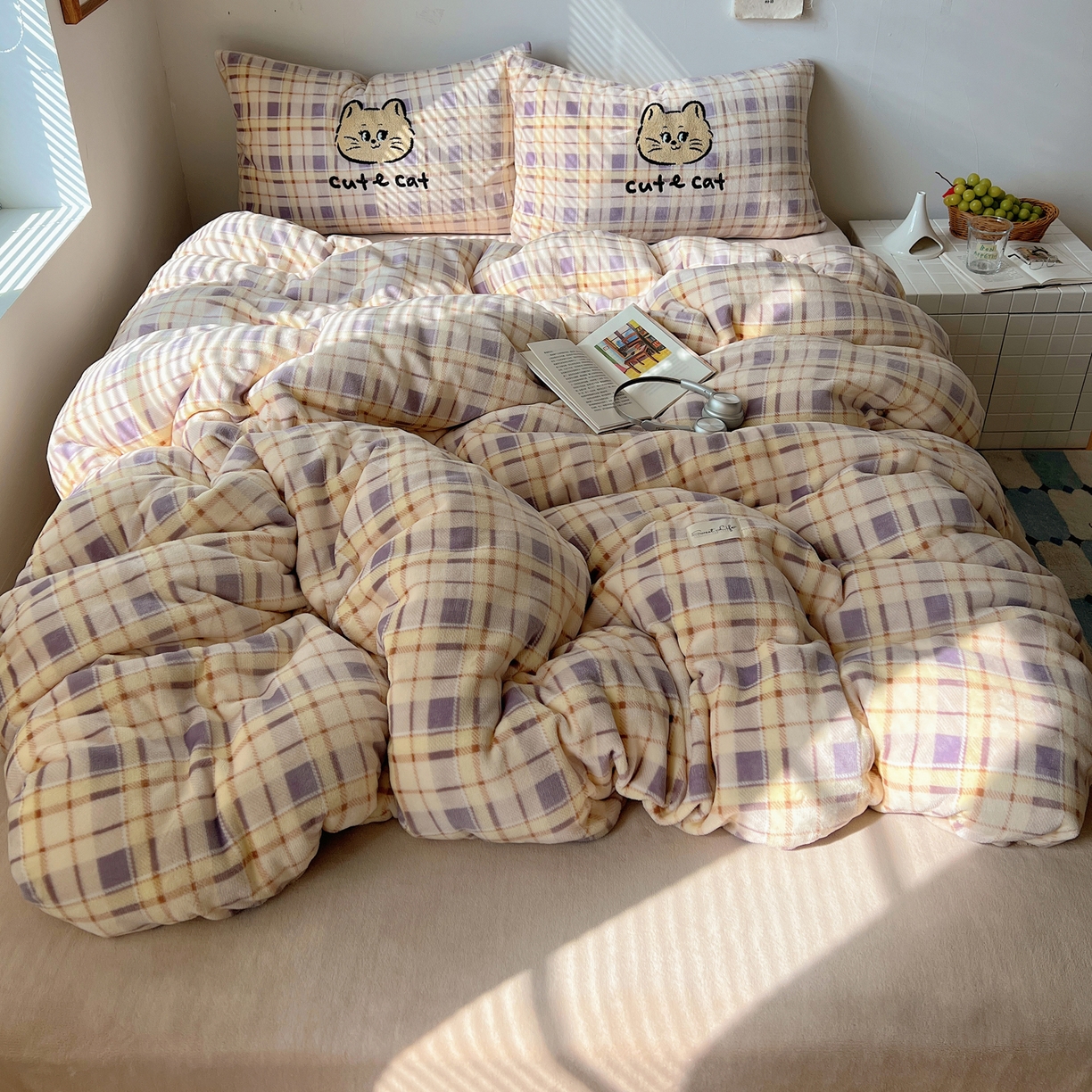 轻奢坊 2025新款牛奶绒慵懒格子可爱毛巾绣四件套系列 慵懒紫薯