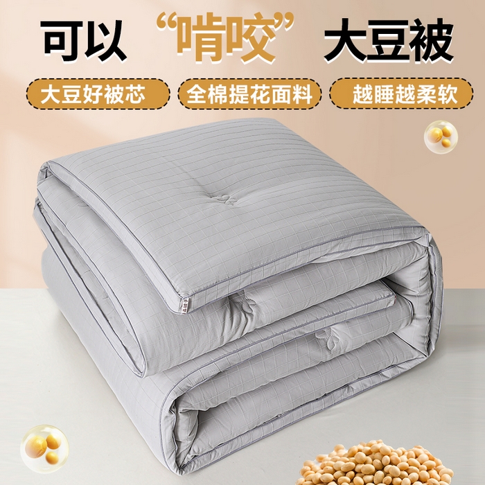爱衫妮 2025新款全棉A类提花大豆被-方格  被子被芯 方格-灰色