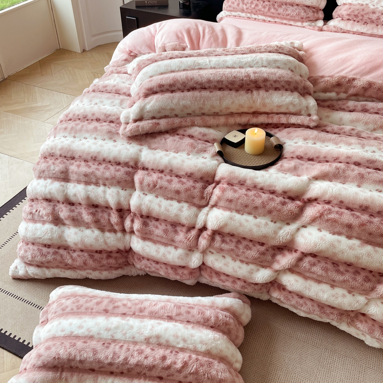 91家纺网 家纺一手货源 找家纺 （总）一比一家纺 2025新款加厚保暖兔毛绒兔兔绒四件套-豹纹系列