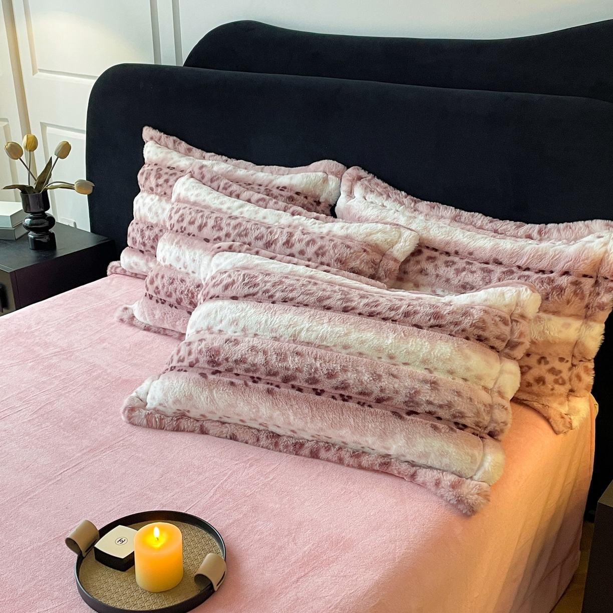 91家纺网 家纺一手货源 找家纺 一比一家纺 2025新款加厚保暖兔毛绒兔兔绒四件套-豹纹系列 豹纹-紫条