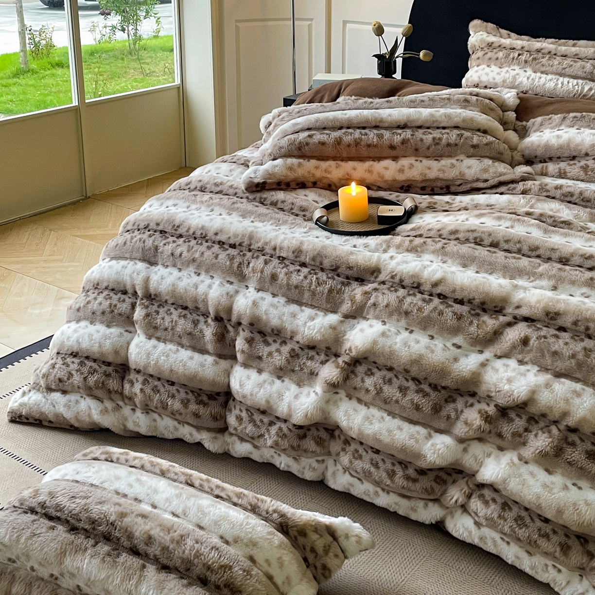 91家纺网 家纺一手货源 找家纺 一比一家纺 2025新款加厚保暖兔毛绒兔兔绒四件套-豹纹系列 豹纹-咖条