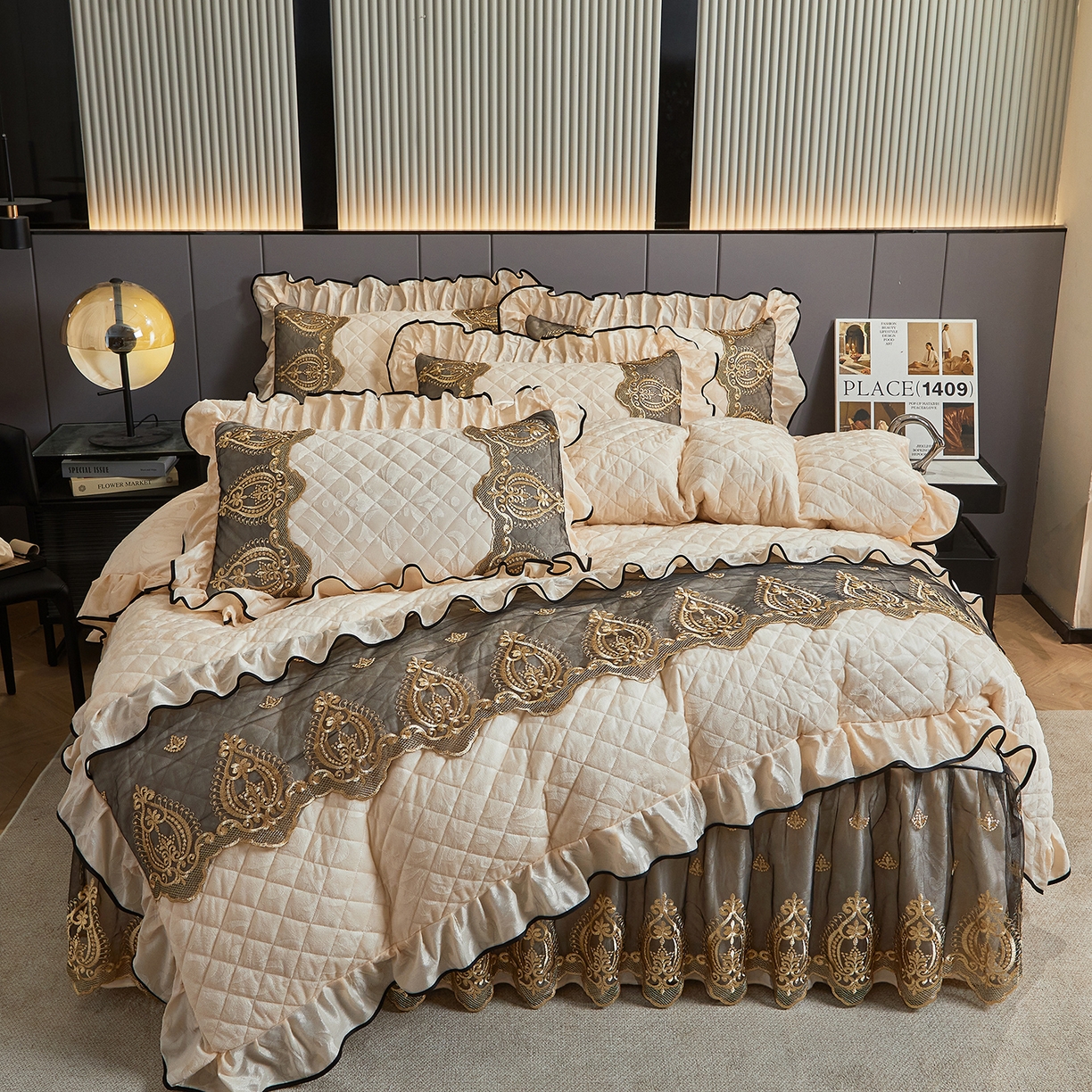 91家纺网 家纺一手货源 找家纺 （总）好儿喜家纺 2025新款天鹅绒床裙款四件套-圣罗兰系列