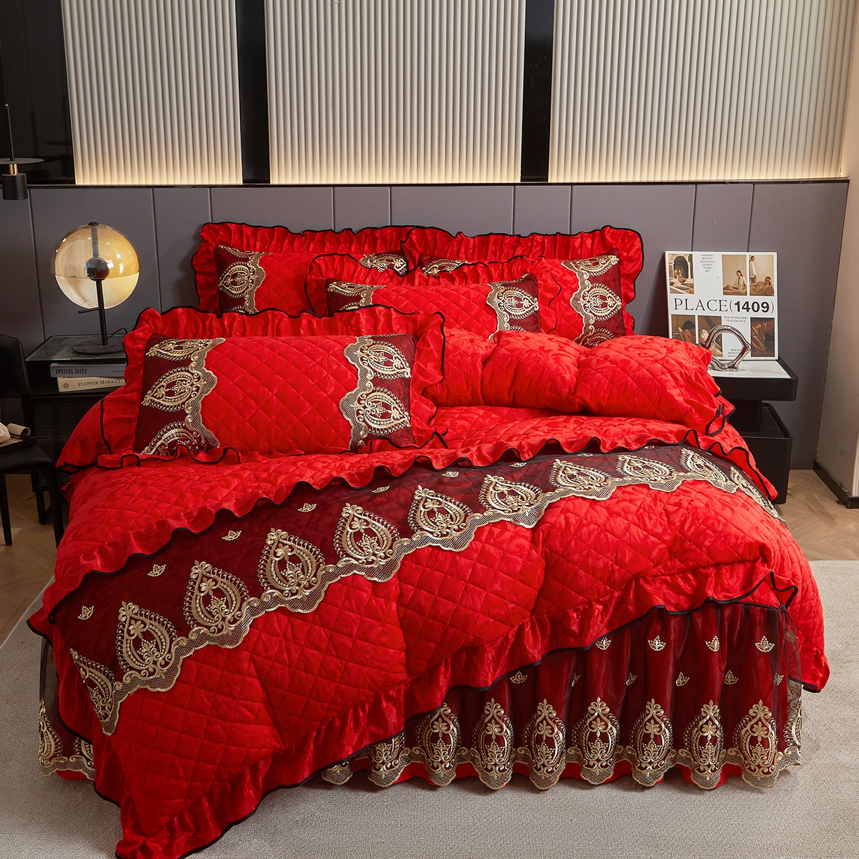 91家纺网 家纺一手货源 找家纺 （总）好儿喜家纺 2025新款天鹅绒床裙款四件套-圣罗兰系列