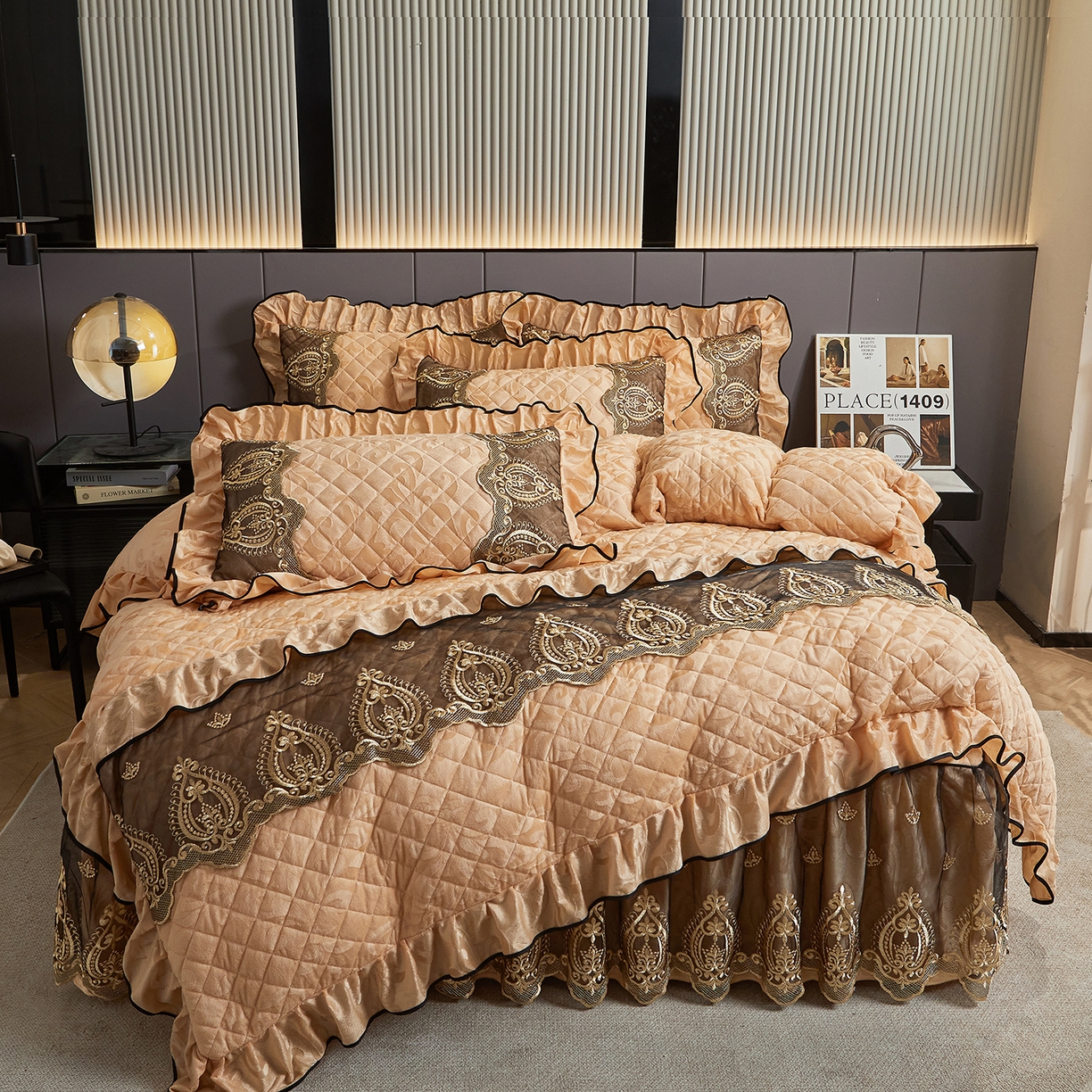 91家纺网 家纺一手货源 找家纺 （总）好儿喜家纺 2025新款天鹅绒床裙款四件套-圣罗兰系列