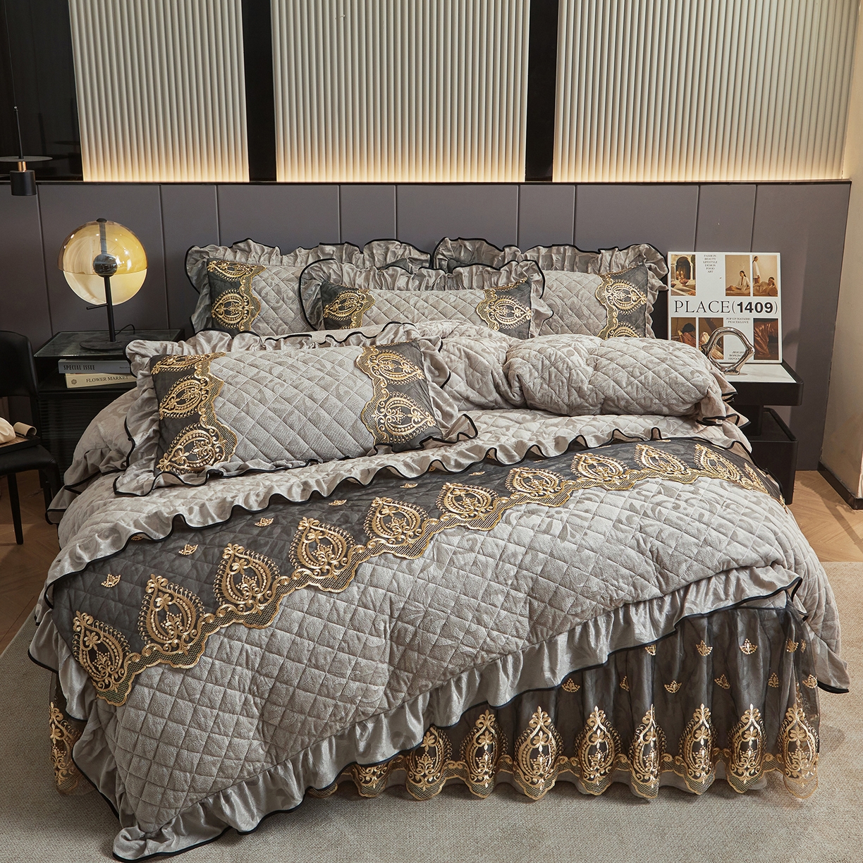 91家纺网 家纺一手货源 找家纺 （总）好儿喜家纺 2025新款天鹅绒床裙款四件套-圣罗兰系列