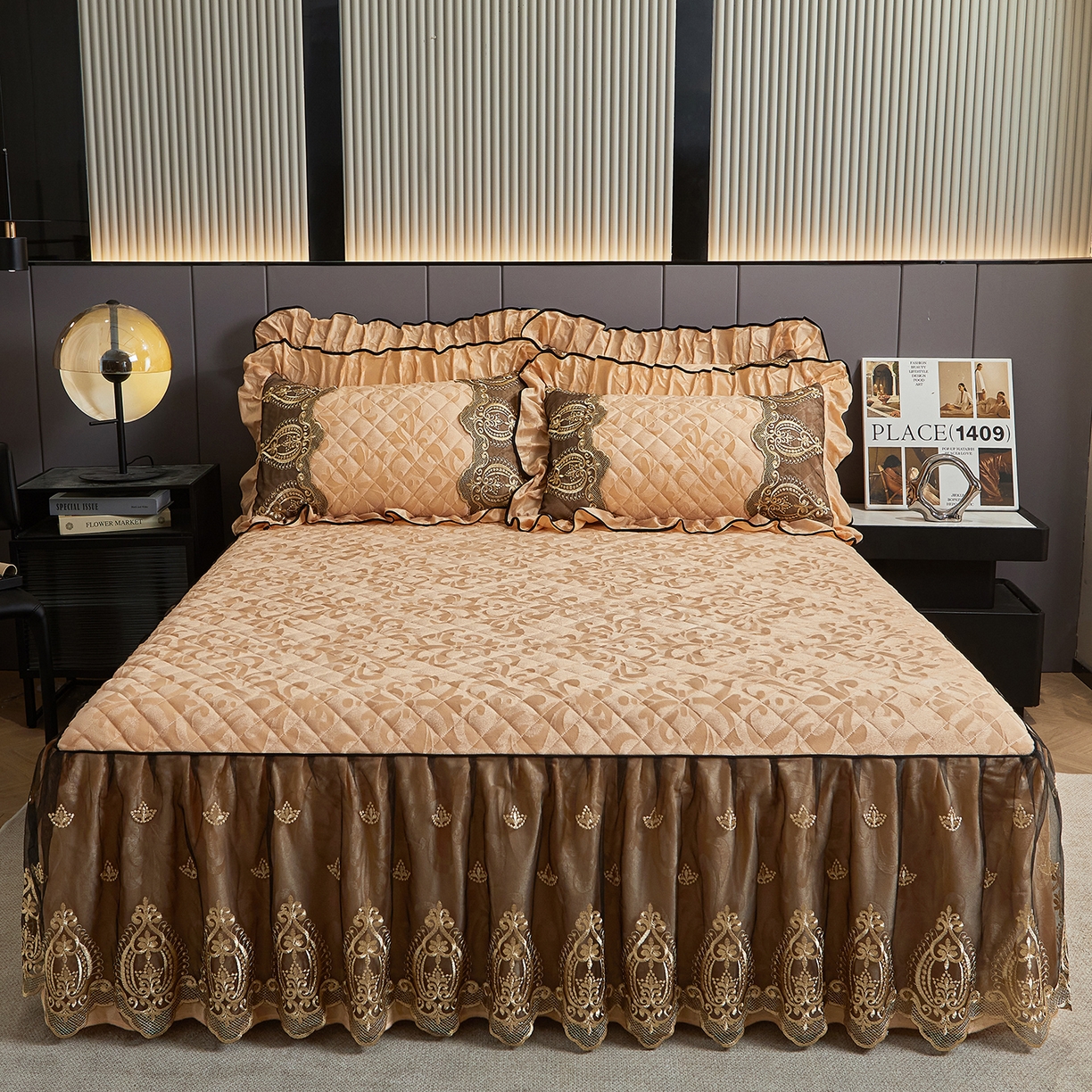 91家纺网 家纺一手货源 找家纺 （总）好儿喜家纺 2025新款天鹅绒床裙款三件套-圣罗兰系列