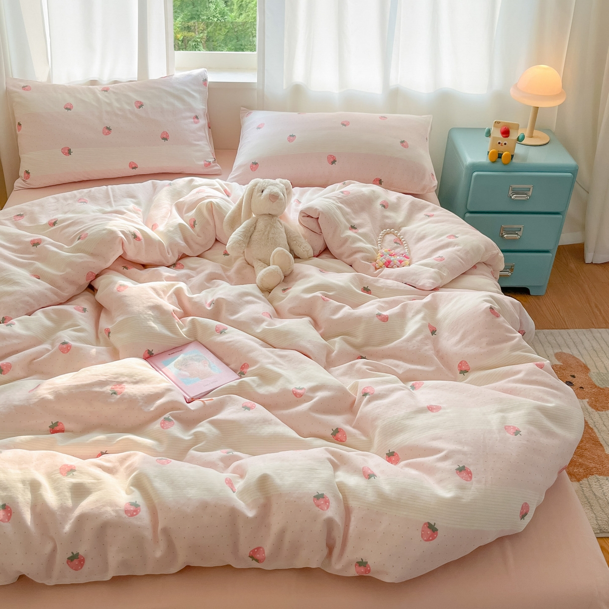 91家纺网 家纺一手货源 找家纺 一比一家纺 2025新款全棉双层纱四件套草莓