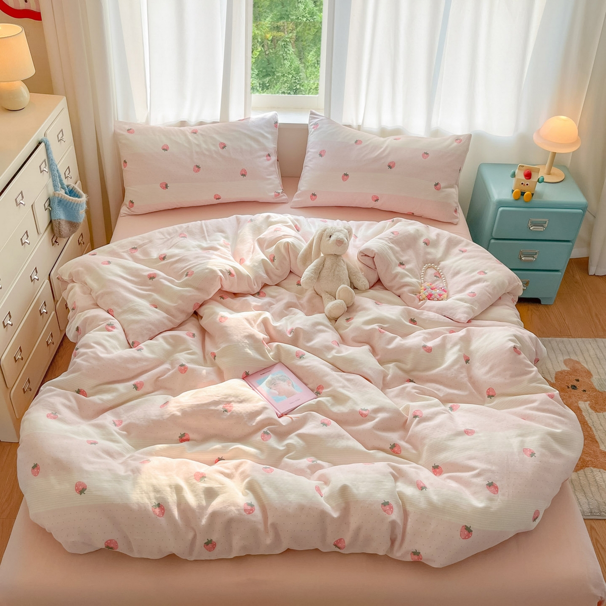 91家纺网 家纺一手货源 找家纺 一比一家纺 2025新款全棉双层纱四件套草莓