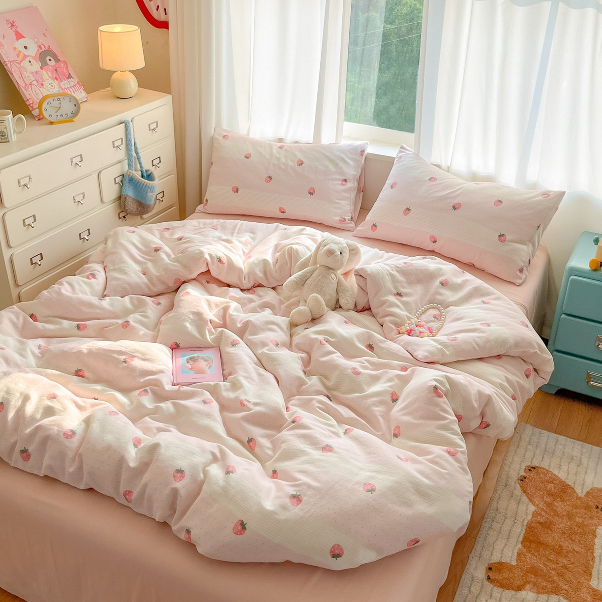 91家纺网 家纺一手货源 找家纺 一比一家纺 2025新款全棉双层纱四件套草莓