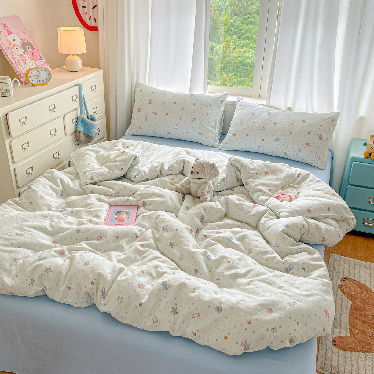 91家纺网 家纺一手货源 找家纺 一比一家纺 2025新款全棉双层纱四件套海底世界