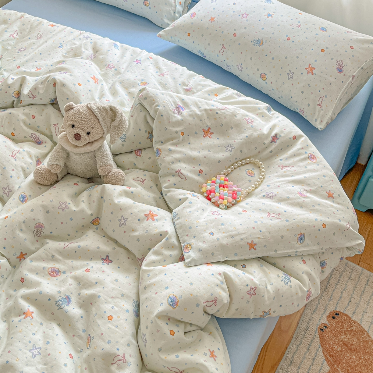 91家纺网 家纺一手货源 找家纺 一比一家纺 2025新款全棉双层纱四件套海底世界