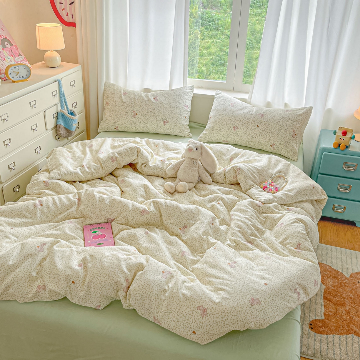 91家纺网 家纺一手货源 找家纺 一比一家纺 2025新款全棉双层纱四件套花枝兔