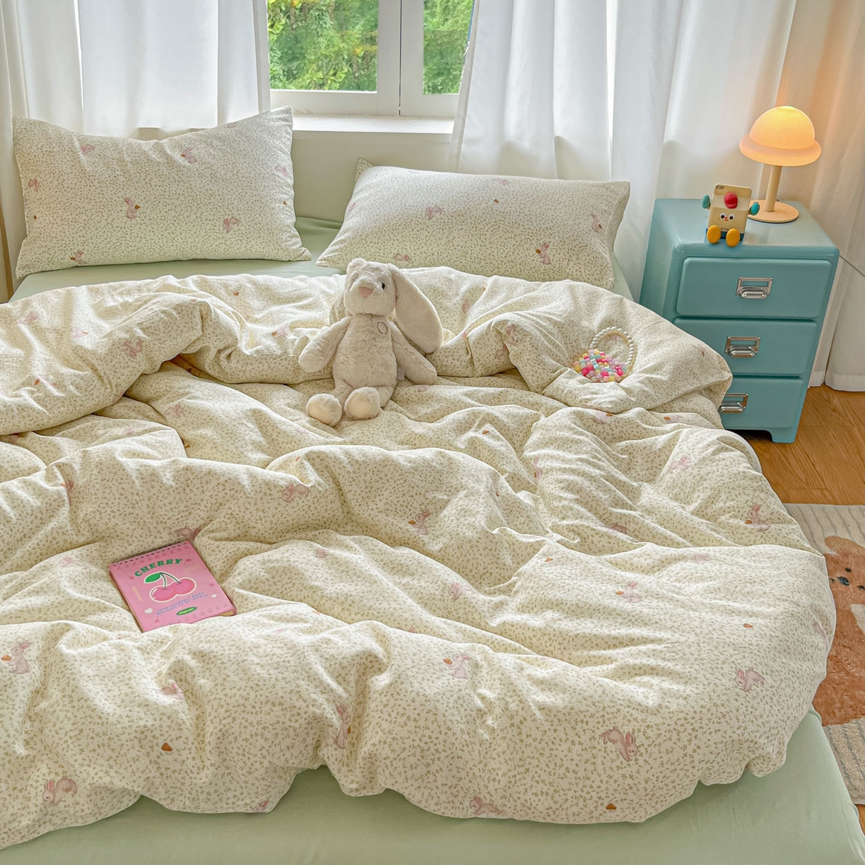 91家纺网 家纺一手货源 找家纺 一比一家纺 2025新款全棉双层纱四件套花枝兔