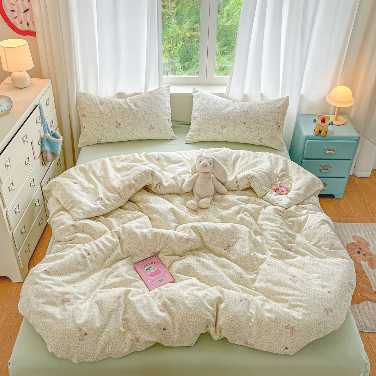 91家纺网 家纺一手货源 找家纺 一比一家纺 2025新款全棉双层纱四件套花枝兔