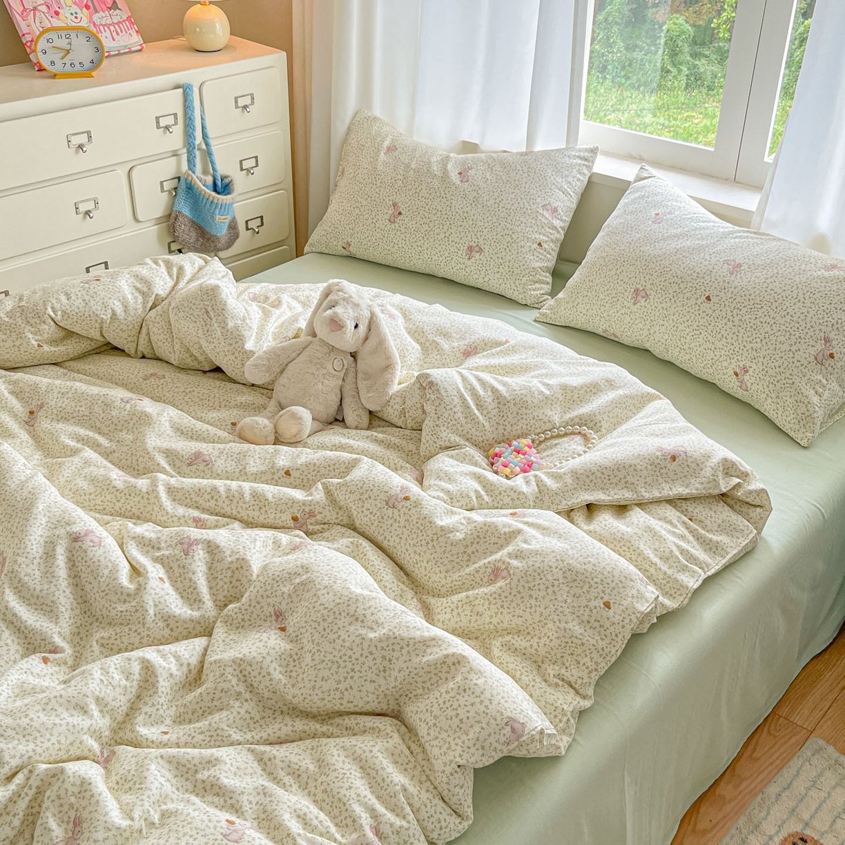 91家纺网 家纺一手货源 找家纺 一比一家纺 2025新款全棉双层纱四件套花枝兔