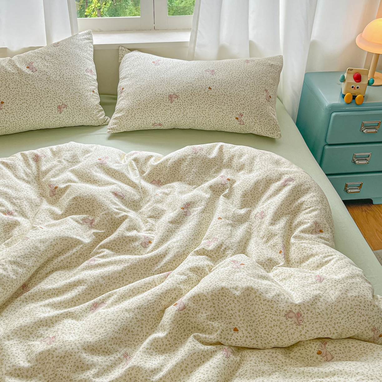 91家纺网 家纺一手货源 找家纺 一比一家纺 2025新款全棉双层纱四件套花枝兔