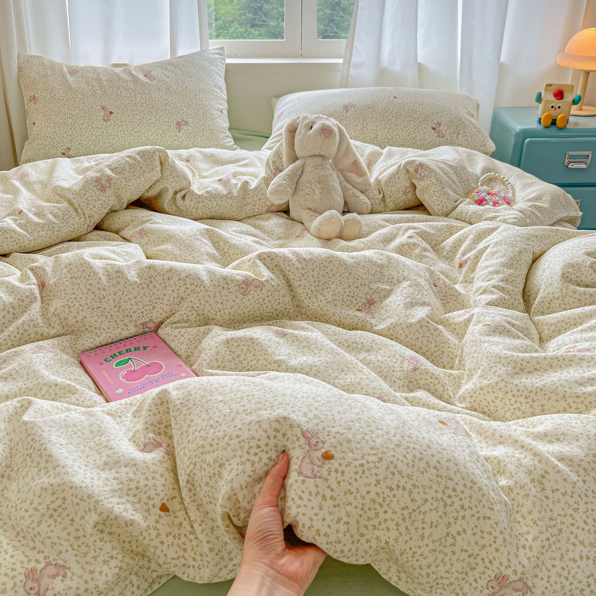 一比一家纺 2025新款全棉双层纱四件套花枝兔