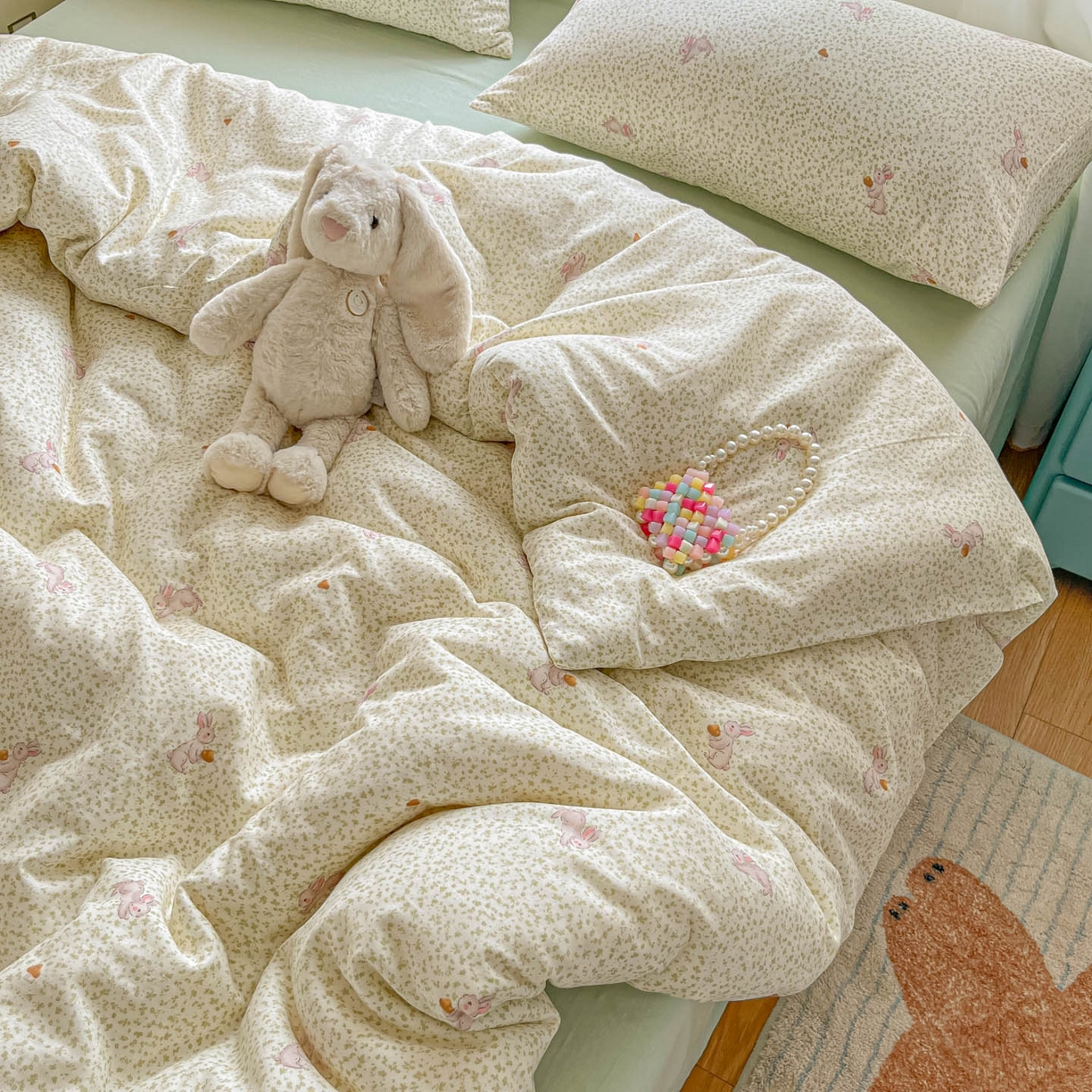 91家纺网 家纺一手货源 找家纺 一比一家纺 2025新款全棉双层纱四件套花枝兔