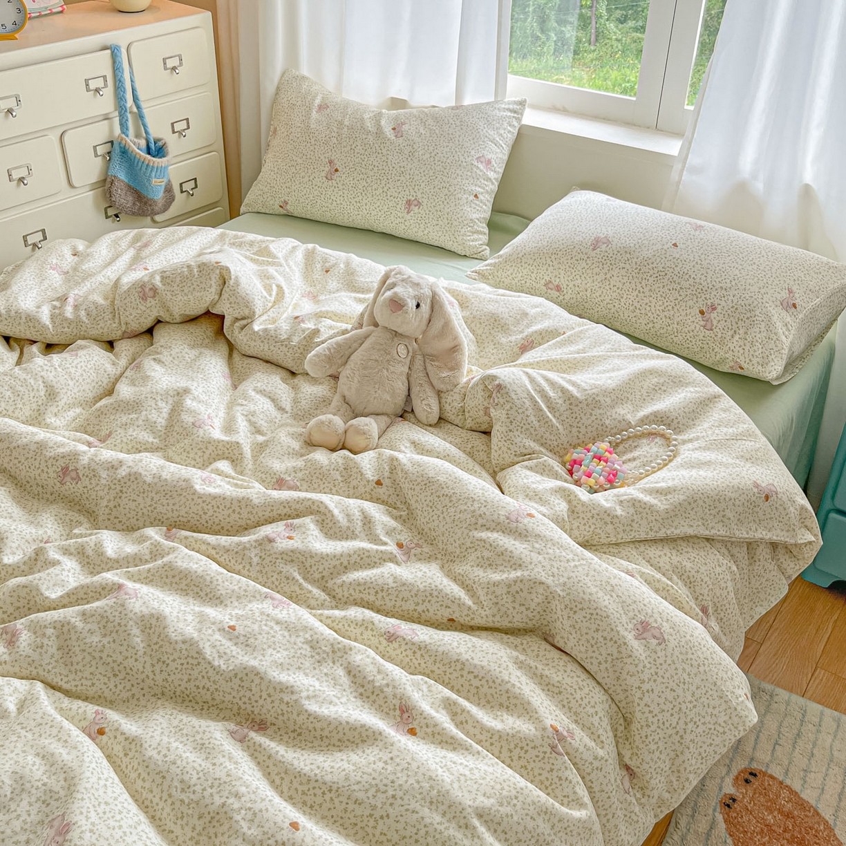 91家纺网 家纺一手货源 找家纺 一比一家纺 2025新款全棉双层纱四件套花枝兔