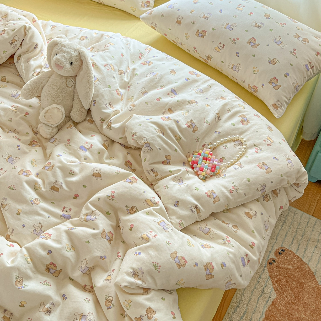 91家纺网 家纺一手货源 找家纺 一比一家纺 2025新款全棉双层纱四件套欢喜萌宠