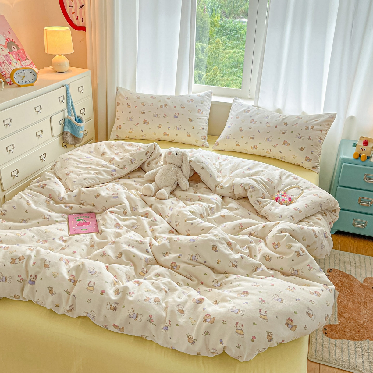 91家纺网 家纺一手货源 找家纺 一比一家纺 2025新款全棉双层纱四件套欢喜萌宠