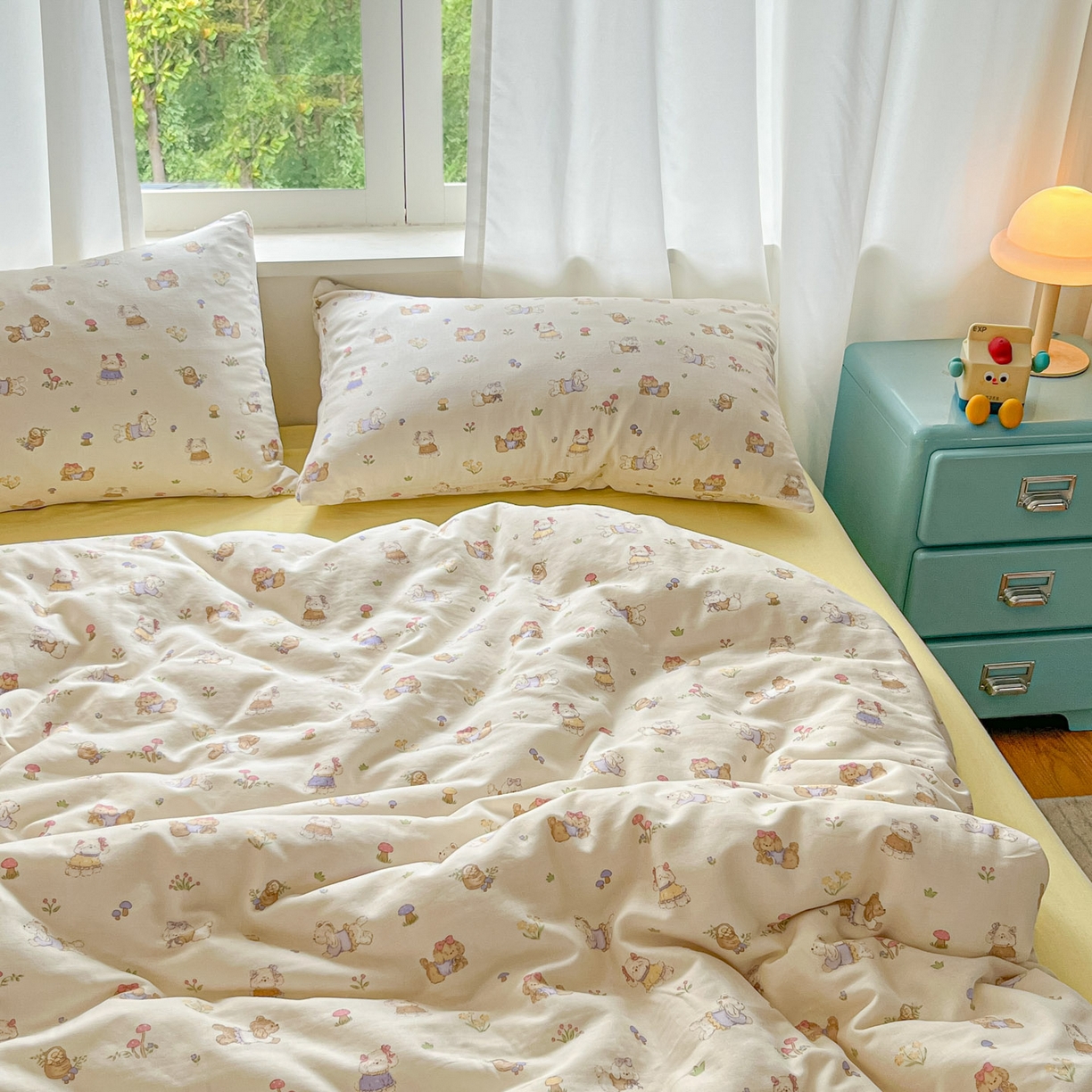 91家纺网 家纺一手货源 找家纺 一比一家纺 2025新款全棉双层纱四件套欢喜萌宠