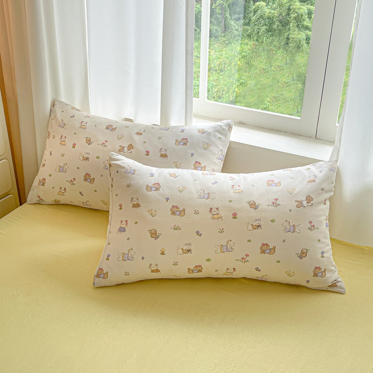 91家纺网 家纺一手货源 找家纺 一比一家纺 2025新款全棉双层纱四件套欢喜萌宠