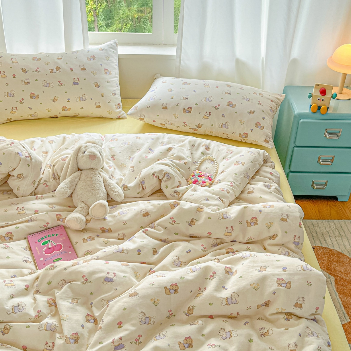 91家纺网 家纺一手货源 找家纺 一比一家纺 2025新款全棉双层纱四件套欢喜萌宠